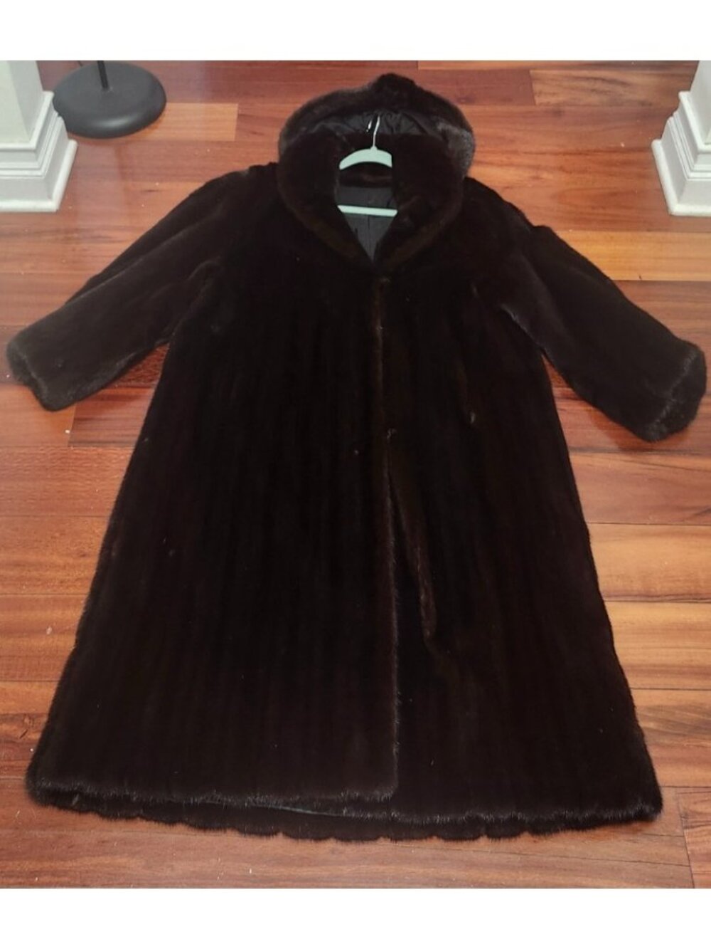 Genuine Mink Fur Full Length Hooded Maxi Coat Dark Brown Detachable Hood Size XL - Picture 5 of 16